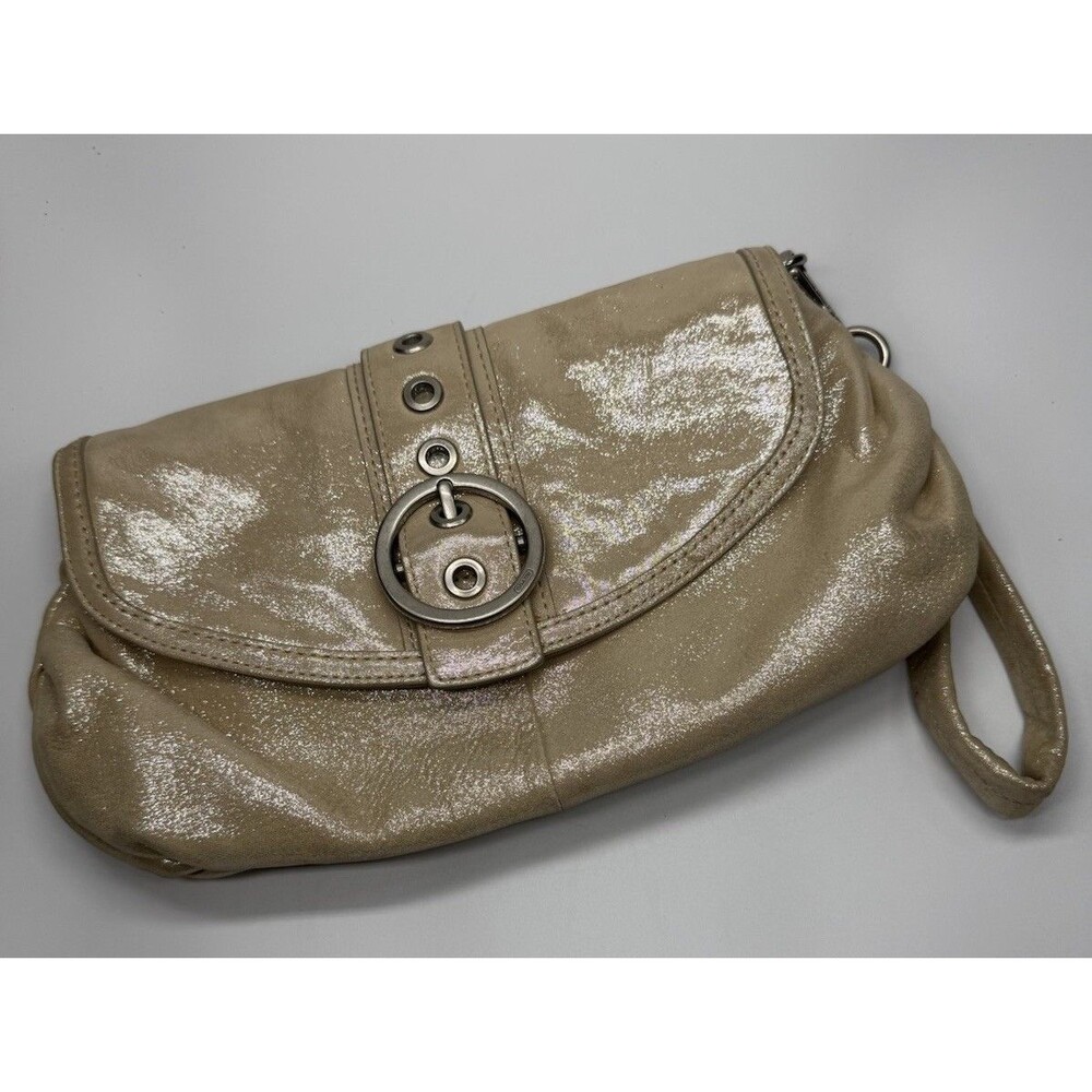 Coach Metallic Gold Champagne Wristlet Clutch Ring Buckle Y2K Purse